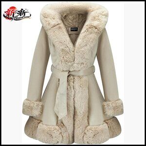 Suede Jacket with Faux Fur Collar, Long Sleeve Winter Parka Coat with Belt